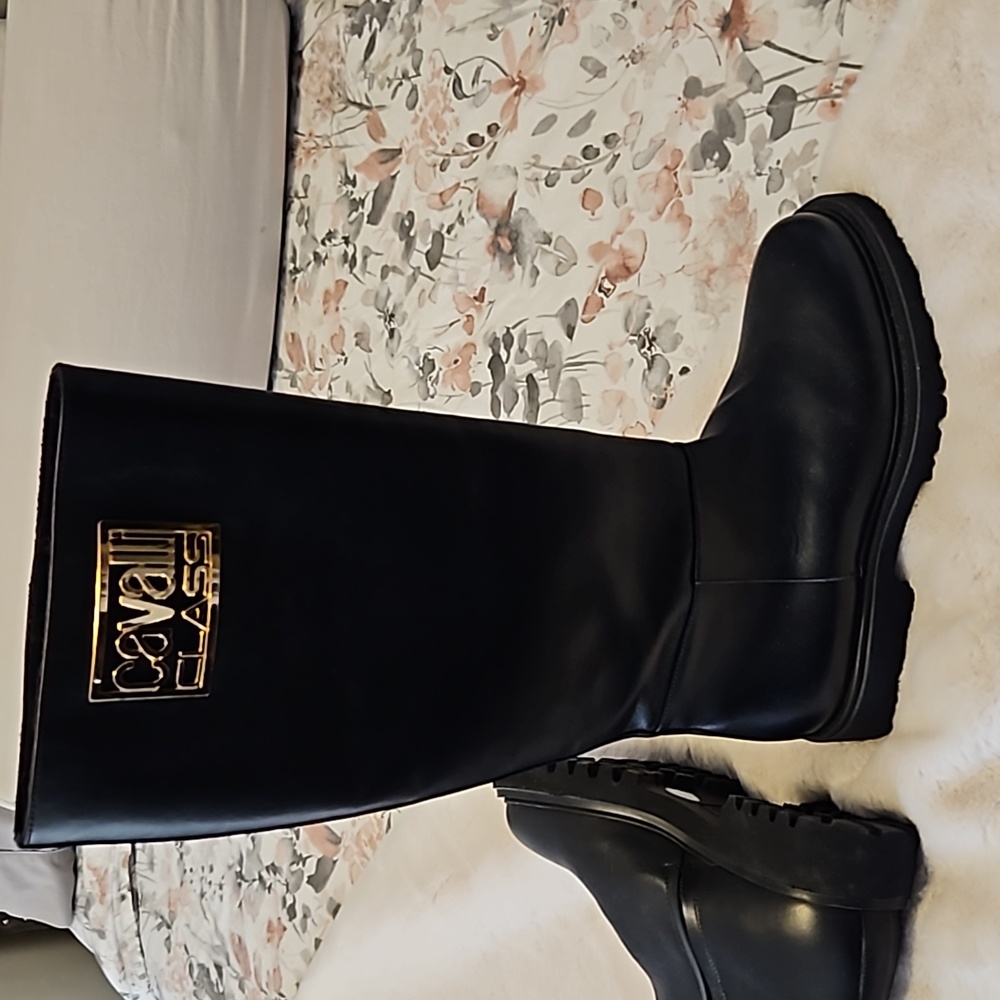 Cavalli Class Tall Rubber Sole Black Boots 40